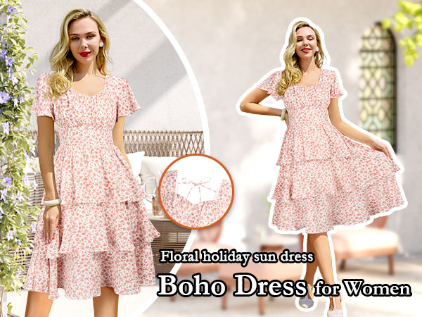 square neck short sleeve ruffle dress