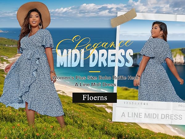 Plus Size Boho Flutter Short Sleeve Ruffle Hem A Line Midi Dress