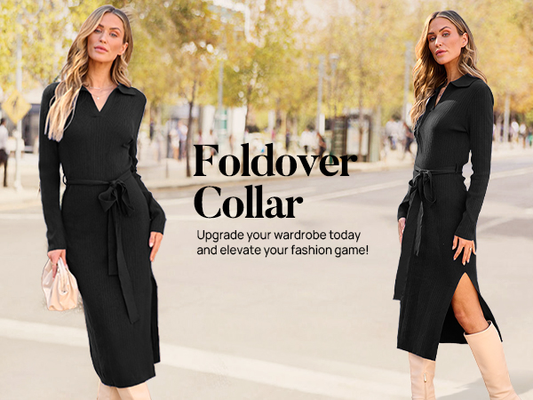Polo V Neck Slit Bodycon Midi Dress with Belt