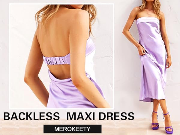 Satin Silk Backless Tube Top Maxi Dress for Women Low Back Hollow Out Elegant Dresses