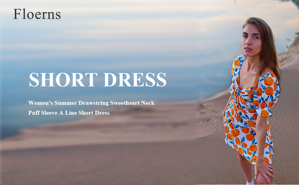 Floerns Women''s Summer Drawstring Sweetheart Neck Puff Sleeve A Line Short Dress