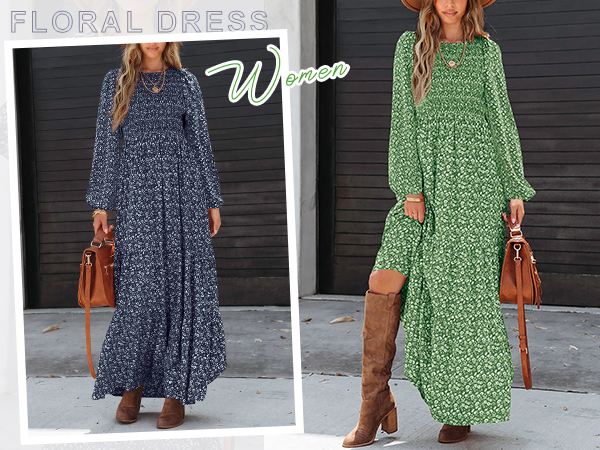 Womens Dresses 2024 long Sleeve Floral Casual fall Dresses Smocked Long Flowy Tiered Maxi Dress