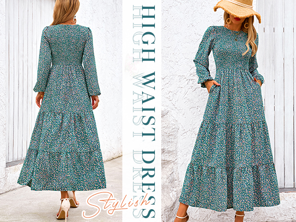 smocked top floral long sleeve maxi fall dresses for women 2024 wedding guest dresses for women maxi