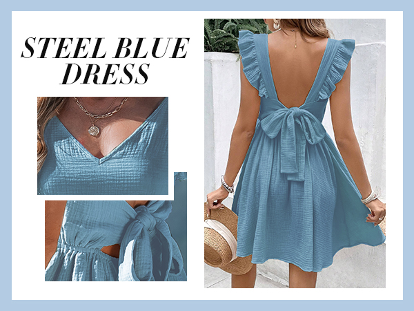 steel blue v neck mini summer cover up dress