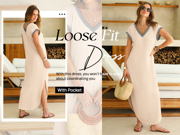 Women V Neck Side Slit Flowy Sundress
