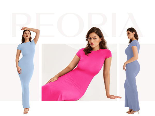 Women''s Summer Casual Lounge Long Dress Elegant Short Sleeve Crew Neck Bodycon Maxi Dresses