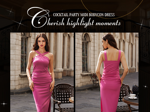 Halter Dresses for Women Sleeveless Ruched Bodycon Dress Midi Wedding Guest Formal Cockitail Dress
