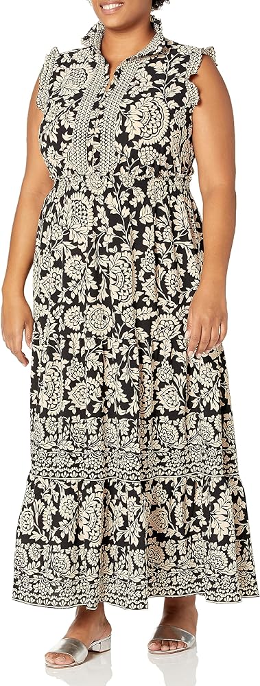 London Times Women's Smocked Waist Boho Flattering Ruffle Maxi