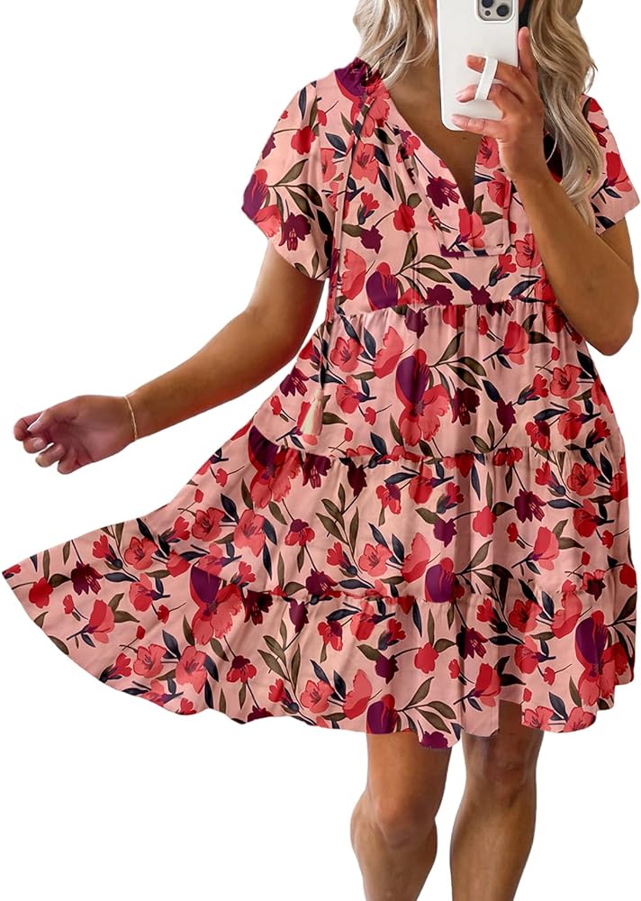 Dokotoo Womens Summer Casual Boho Floral Dresses V Neck Short Sleeve Sundresses Flowy Swing A-Line Mini Dress