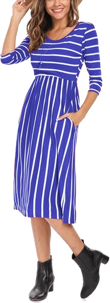 Halife Women's 3 4 Sleeve Stripe Elastic Waist Casual Dress with Pocket