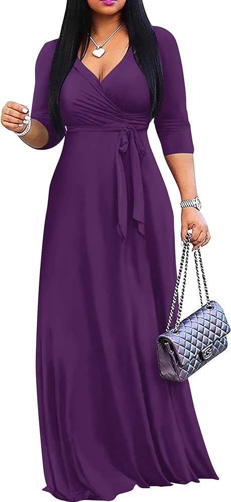 FANDEE Women's 2024 Maxi Dress - Solid Color Bohemian Summer Long Maxi Dress V-Neck 3/4 Sleeve