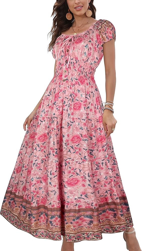 OSTOO Women's 2024 Summer Short Sleeves Boho Floral Print Tiered Casual Flowy Long Maxi Dress