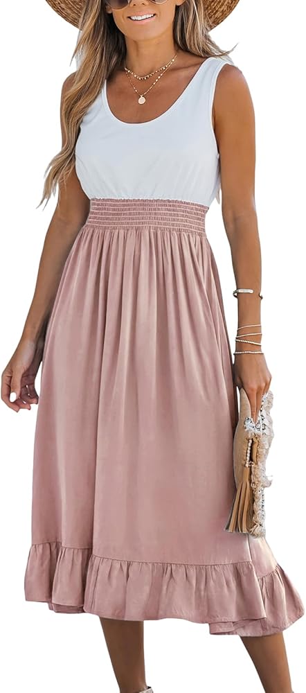 CUPSHE Women's Summer Midi Dresses Sleeveless Tank Smocked Elastic Waist Beach Vacation Sundress Small Green…