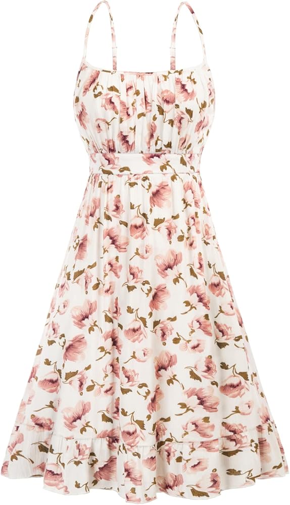 GRACE KARIN Women's Spaghetti Strap Floral Dress Ruffle Hem Pleated Casual Summer Dress Boho Flowy Midi Beach Dress