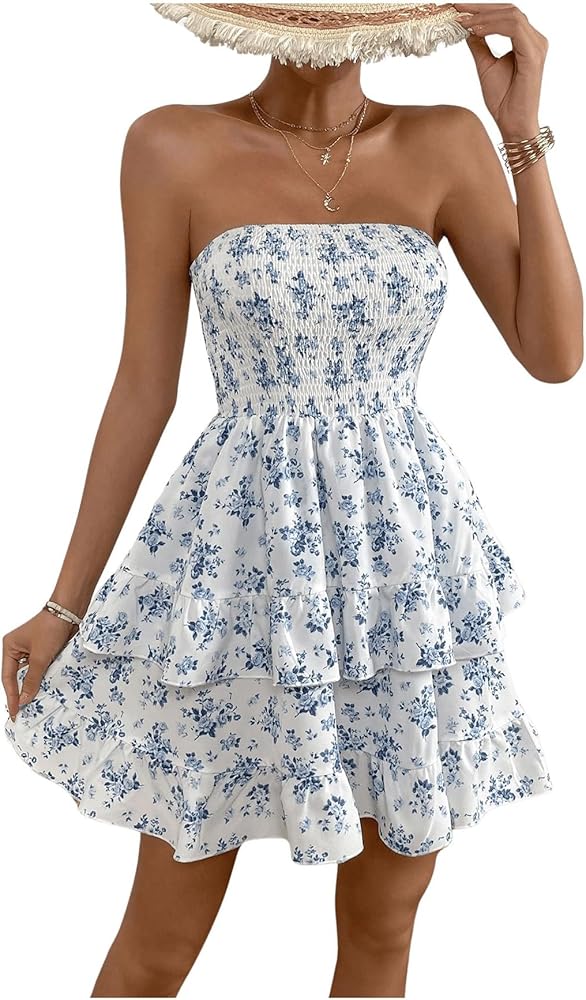 WDIRARA Women's Floral Print Ruffle Hem Tiered Layer Backless Shirred Tube A Line Dress