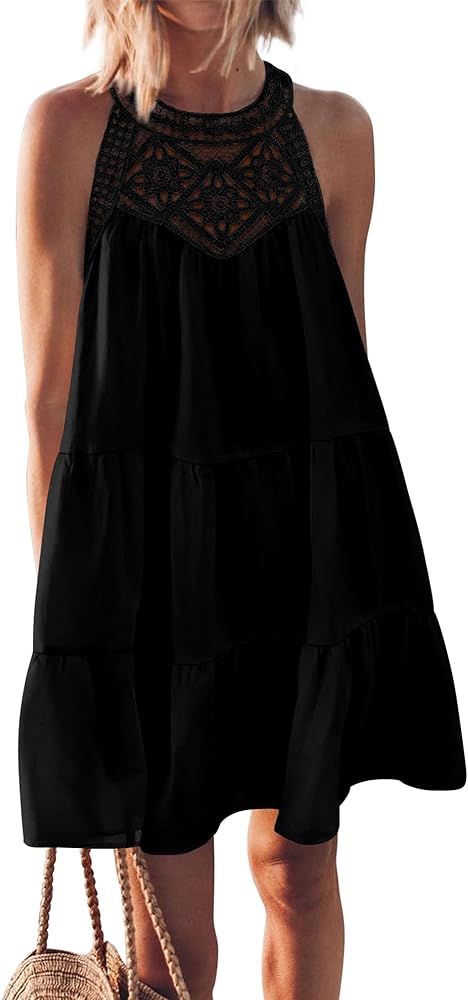 BTFBM Women's Summer Hollow Out Halter Dresses Casual Sleeveless A-Line Tiered Swing Sundress Beach Vacation Mini Dress